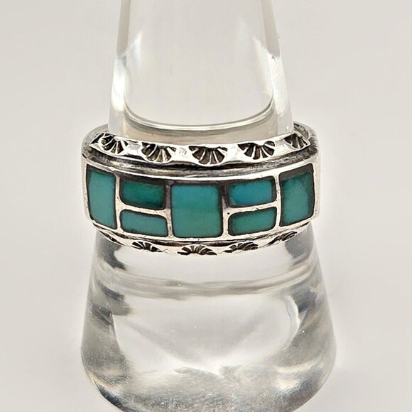 Vintage Jewelry - Vintage Sterling Turquoise Inlay Ring Size 8.75 – Signed W Southwestern Ring